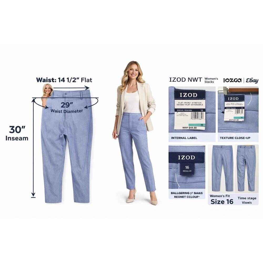 IZOD‎ Women’s Prism Blue Flat Front Stretch Slacks 16 NWT Quiet Luxury Old Money